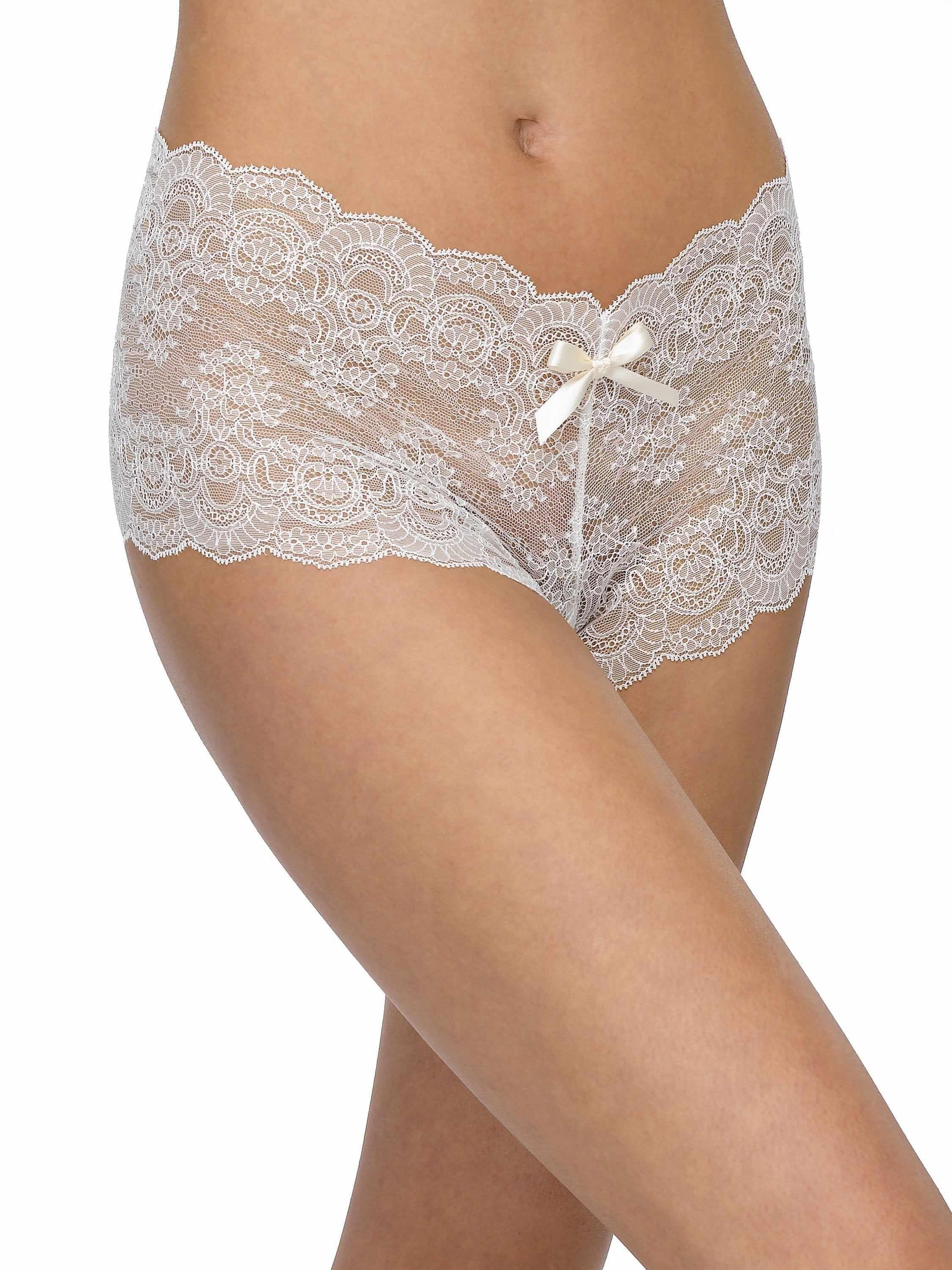 Ivory &oh™ Luxe Lace Crotchless Brief with Satin Bow - Side On-Model | Hanky Panky