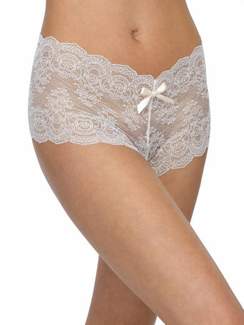 Ivory &oh™ Luxe Lace Crotchless Brief with Satin Bow - Side On-Model | Hanky Panky
