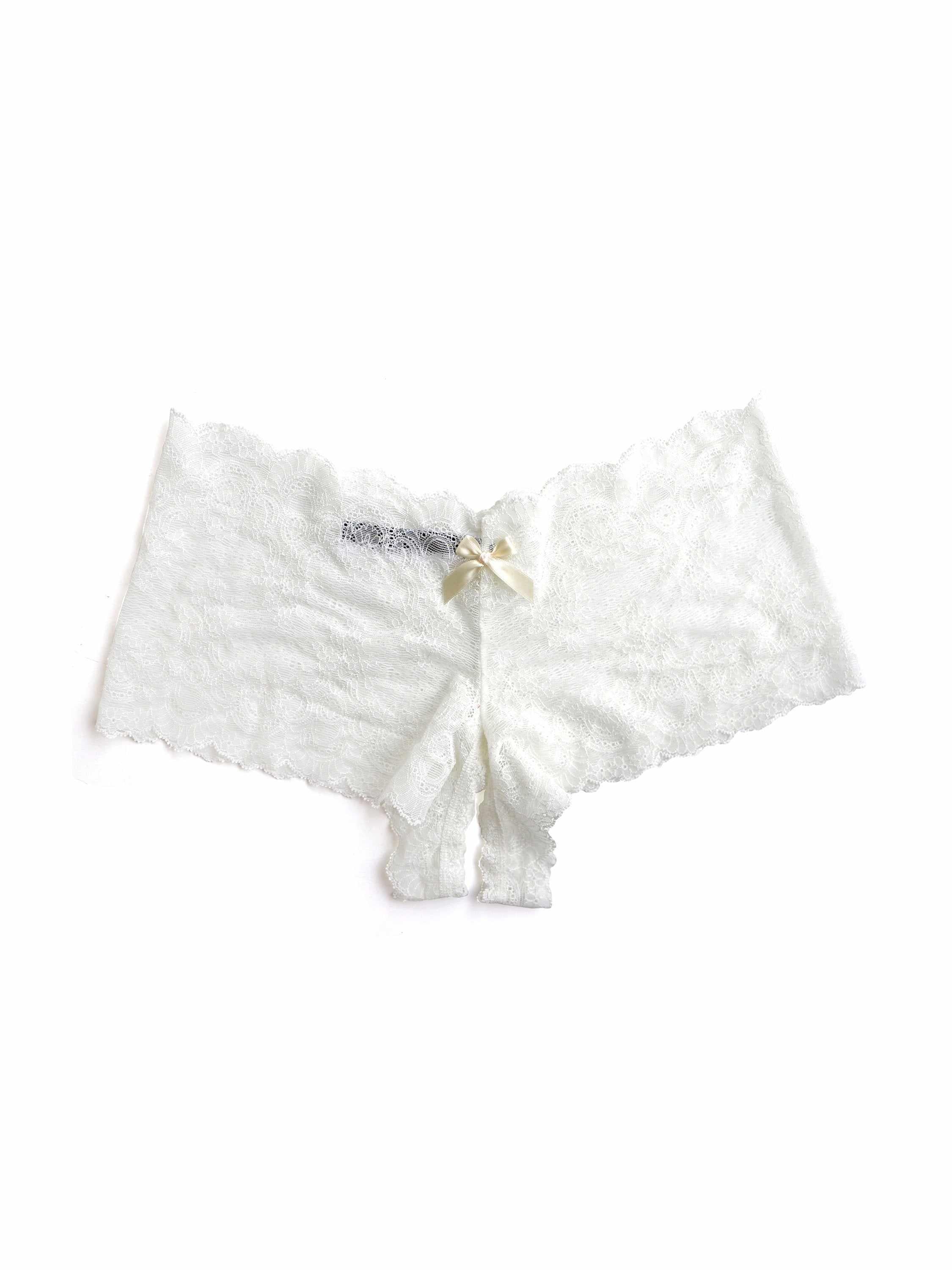 Ivory &oh™ Luxe Lace Crotchless Brief Open Gusset Detail - Flat Lay | Hanky Panky
