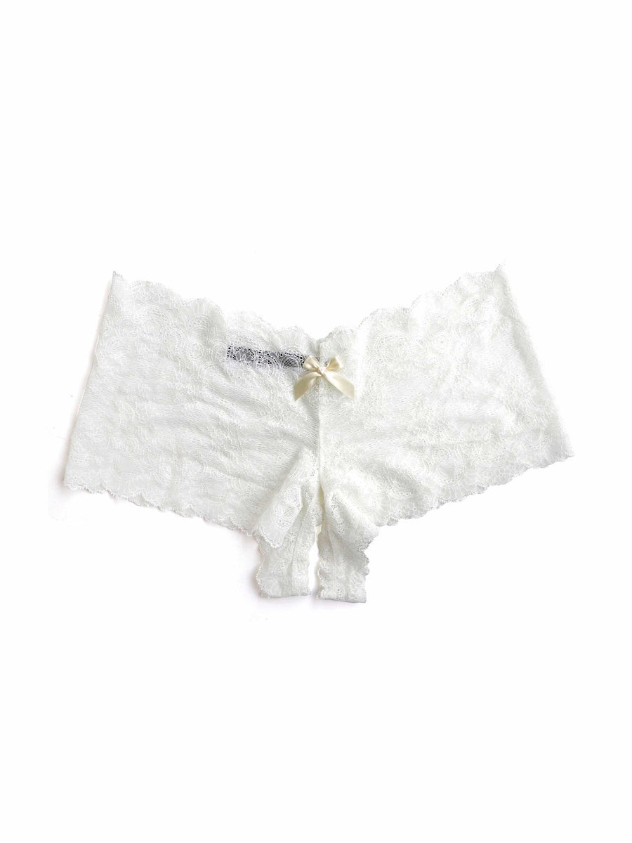Ivory &oh™ Luxe Lace Crotchless Brief Open Gusset Detail - Flat Lay | Hanky Panky