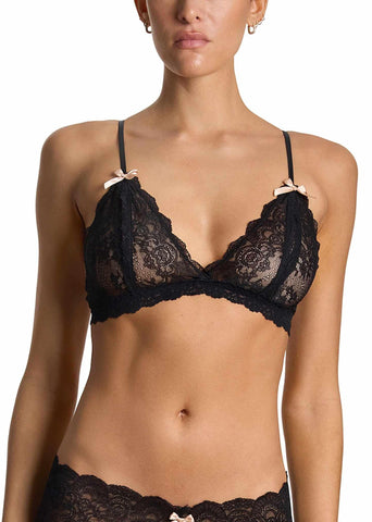 Black &oh™ Luxe Lace Open Bralette with satin bows - Front View On Model | Hanky Panky