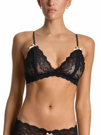 Black &oh™ Luxe Lace Open Bralette with satin bows - Front View On Model | Hanky Panky