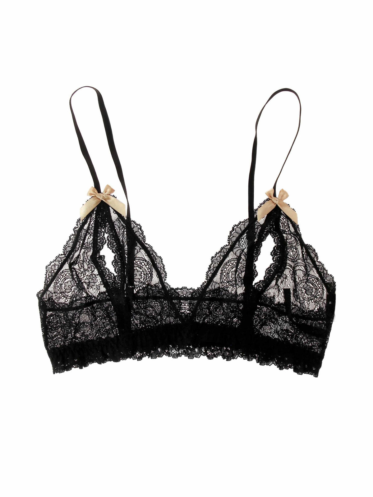 Black Luxe Lace Open Bralette with open-cup detail and nude satin bows - Flat Lay | Hanky Panky