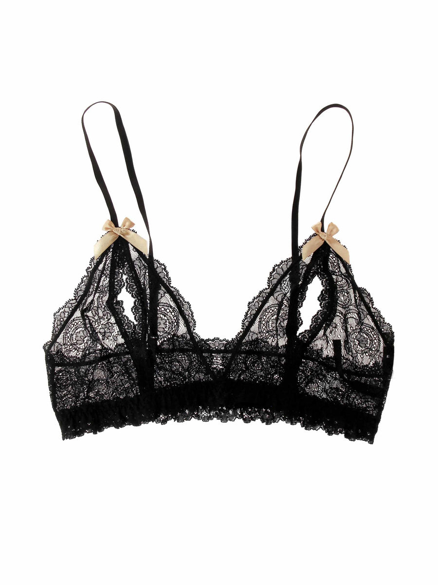 Black Luxe Lace Open Bralette with open-cup detail and nude satin bows - Flat Lay | Hanky Panky