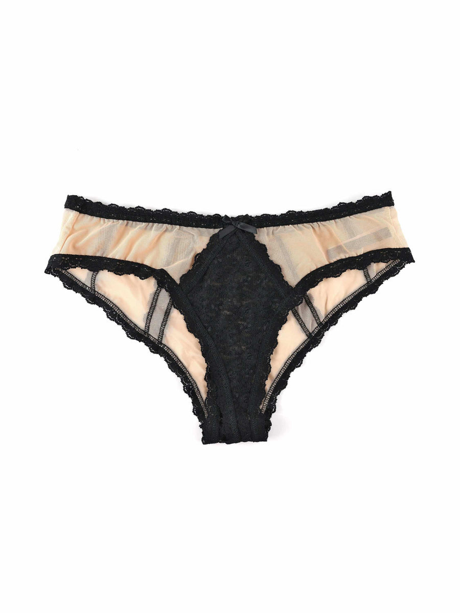 &oh™ Nude Illusion Crotchless Bikini Mocha/Black Lace Detail - Flat Lay | Hanky Panky