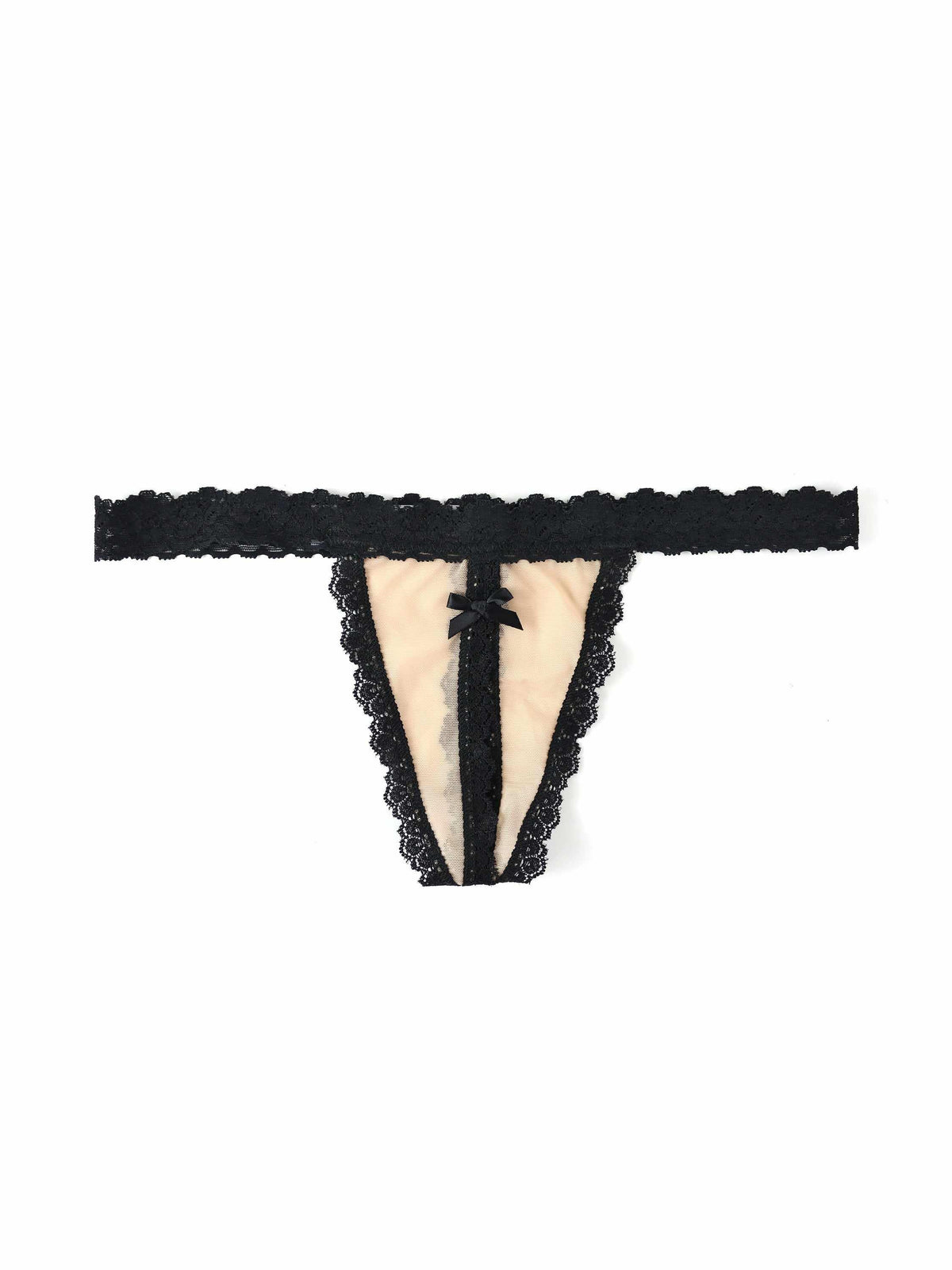 &oh™ Nude Illusion Crotchless G-String Mocha/Black - Open Gusset & Satin Bow Detail Flat Lay | Hanky Panky