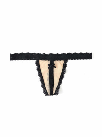 &oh™ Nude Illusion Crotchless G-String Mocha/Black - Open Gusset & Satin Bow Detail Flat Lay | Hanky Panky