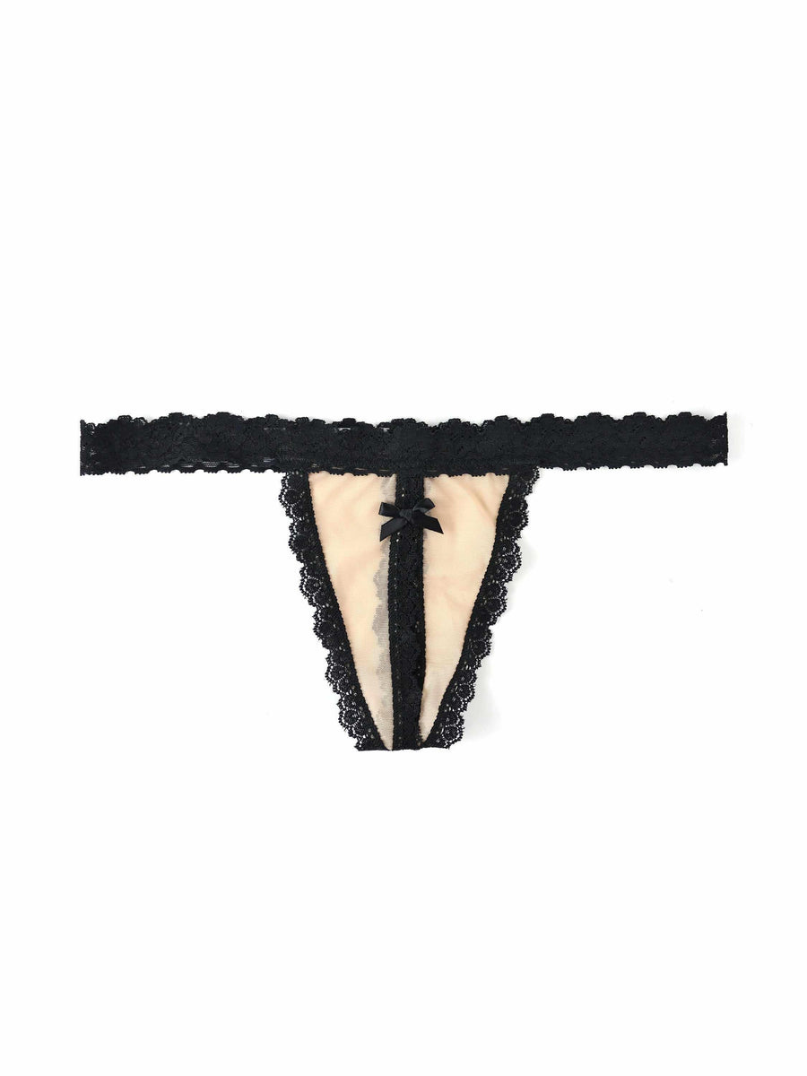&oh™ Nude Illusion Crotchless G-String Mocha/Black - Open Gusset & Satin Bow Detail Flat Lay | Hanky Panky