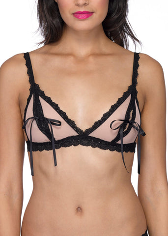 Mocha/Black &oh™ Nude Illusion Tie Bralette - On Model Front View, black lace trim with satin ribbon ties | Hanky Panky