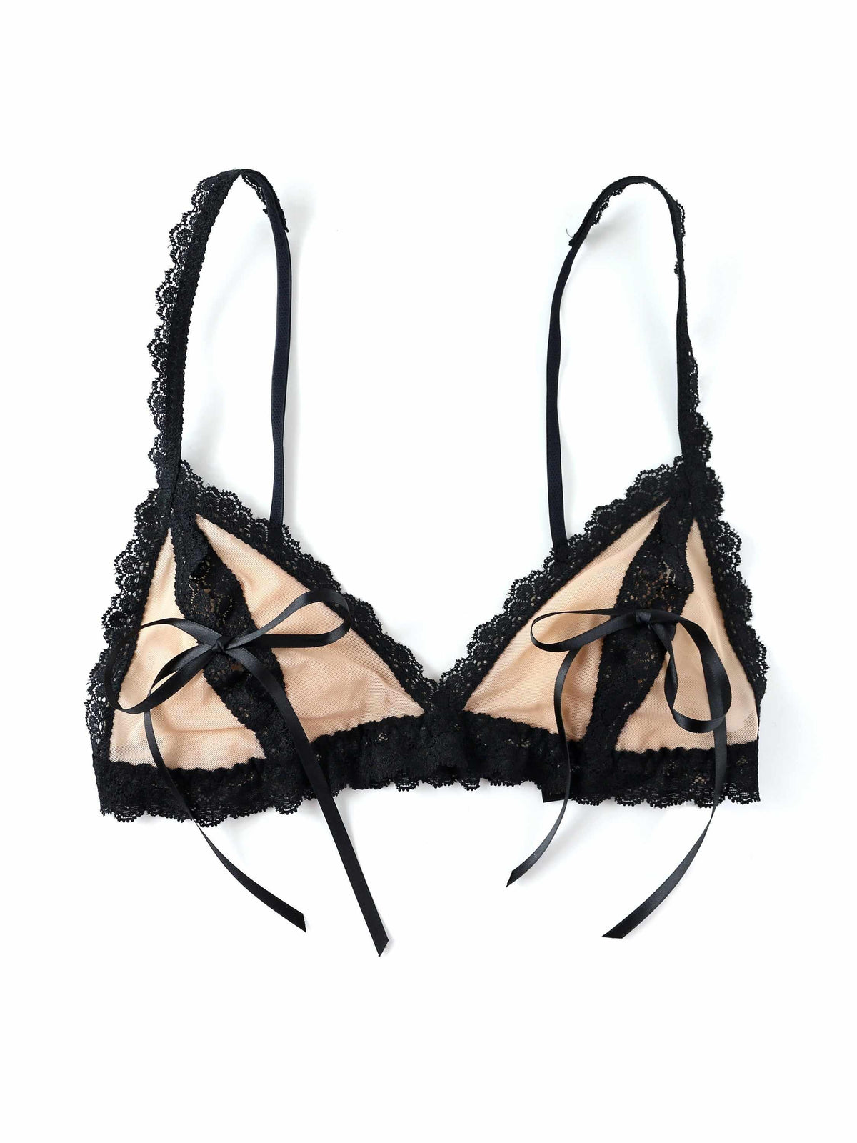 Mocha/Black &oh™ Nude Illusion Lace Tie Bralette - Flat Lay, black lace trim and satin ribbon detail | Hanky Panky