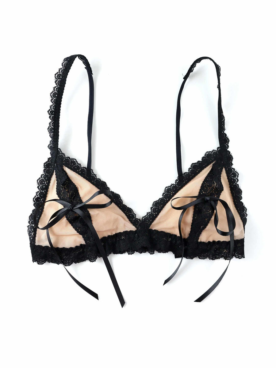 Mocha/Black &oh™ Nude Illusion Lace Tie Bralette - Flat Lay, black lace trim and satin ribbon detail | Hanky Panky