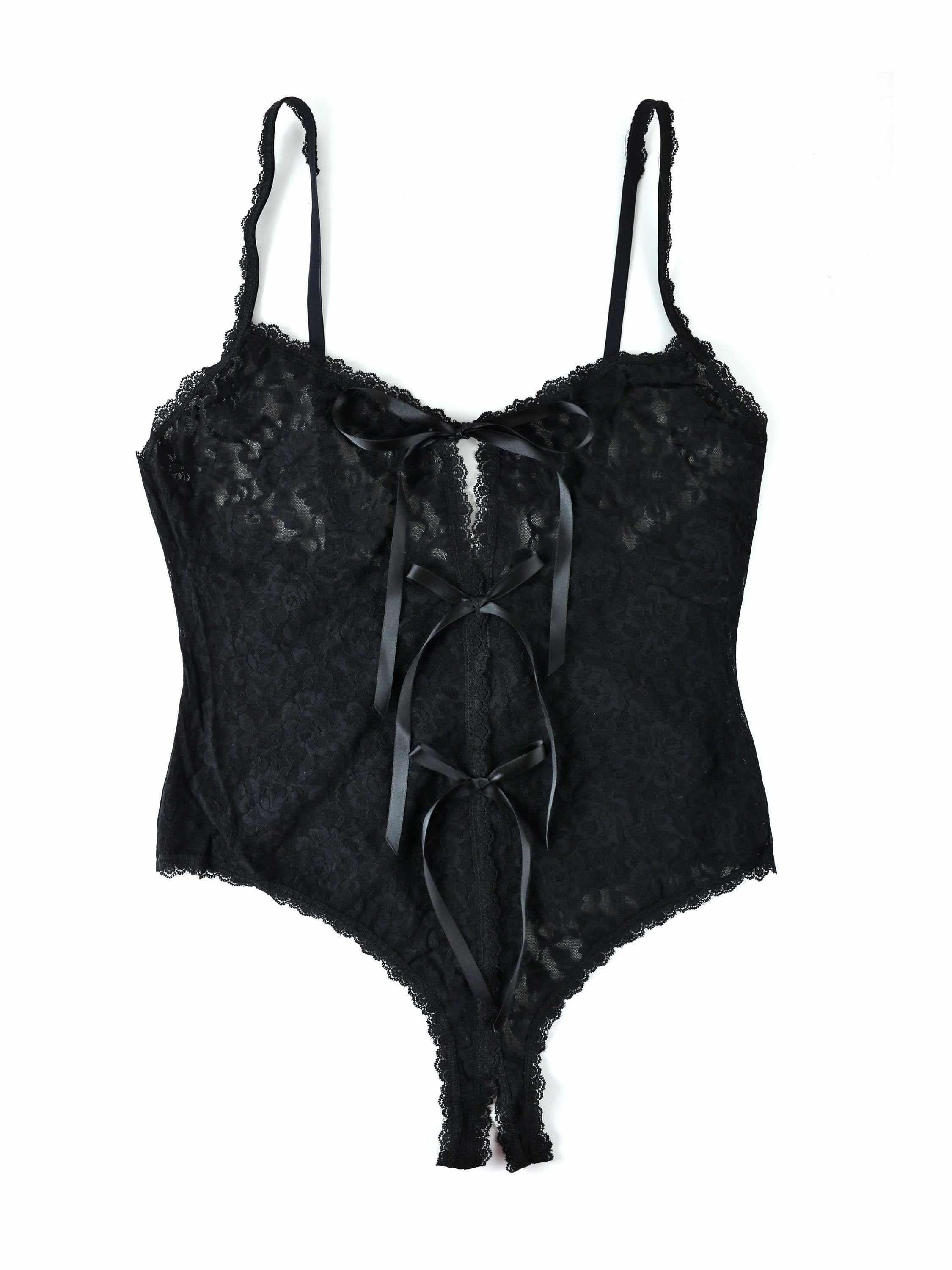 Black Plus Size Signature Lace Crotchless Teddy with Satin Bows - Flat Lay Detail | Hanky Panky