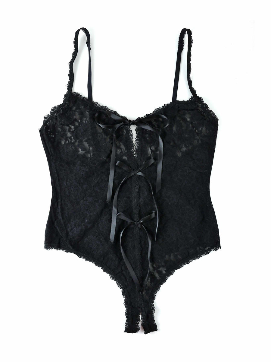 Black Plus Size Signature Lace Crotchless Teddy with Satin Bows - Flat Lay Detail | Hanky Panky