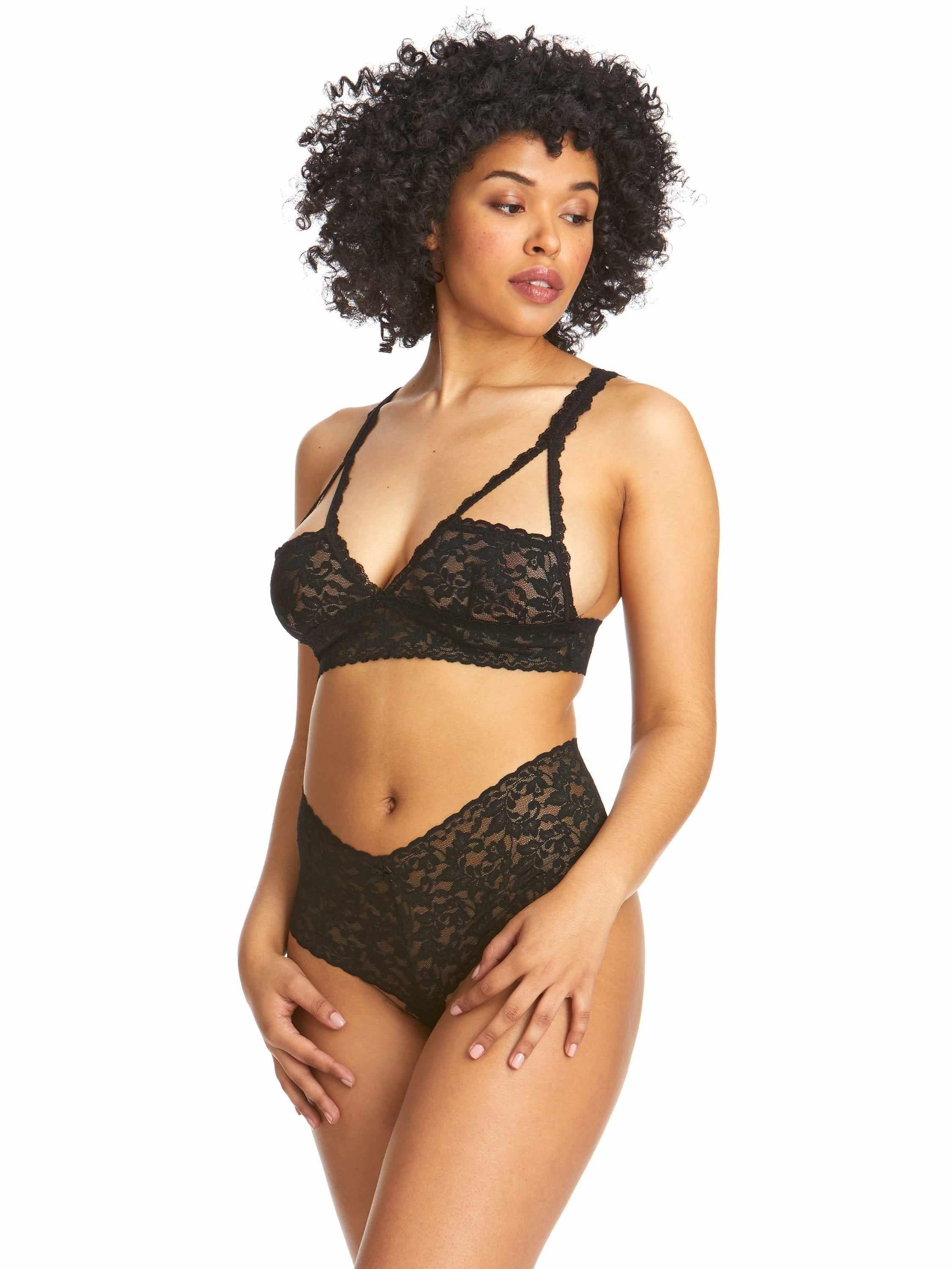 Black Retro Lace Crotchless Thong with Matching Lace Bralette - Full On-Model Look | Hanky Panky