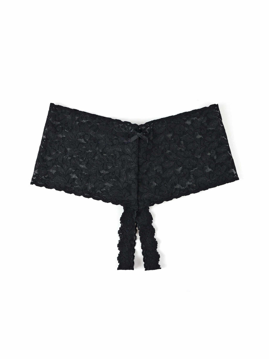 Black Retro Lace Crotchless Thong - Flat Lay, Open Gusset, Satin Bow & Lace Tie Detail | Hanky Panky