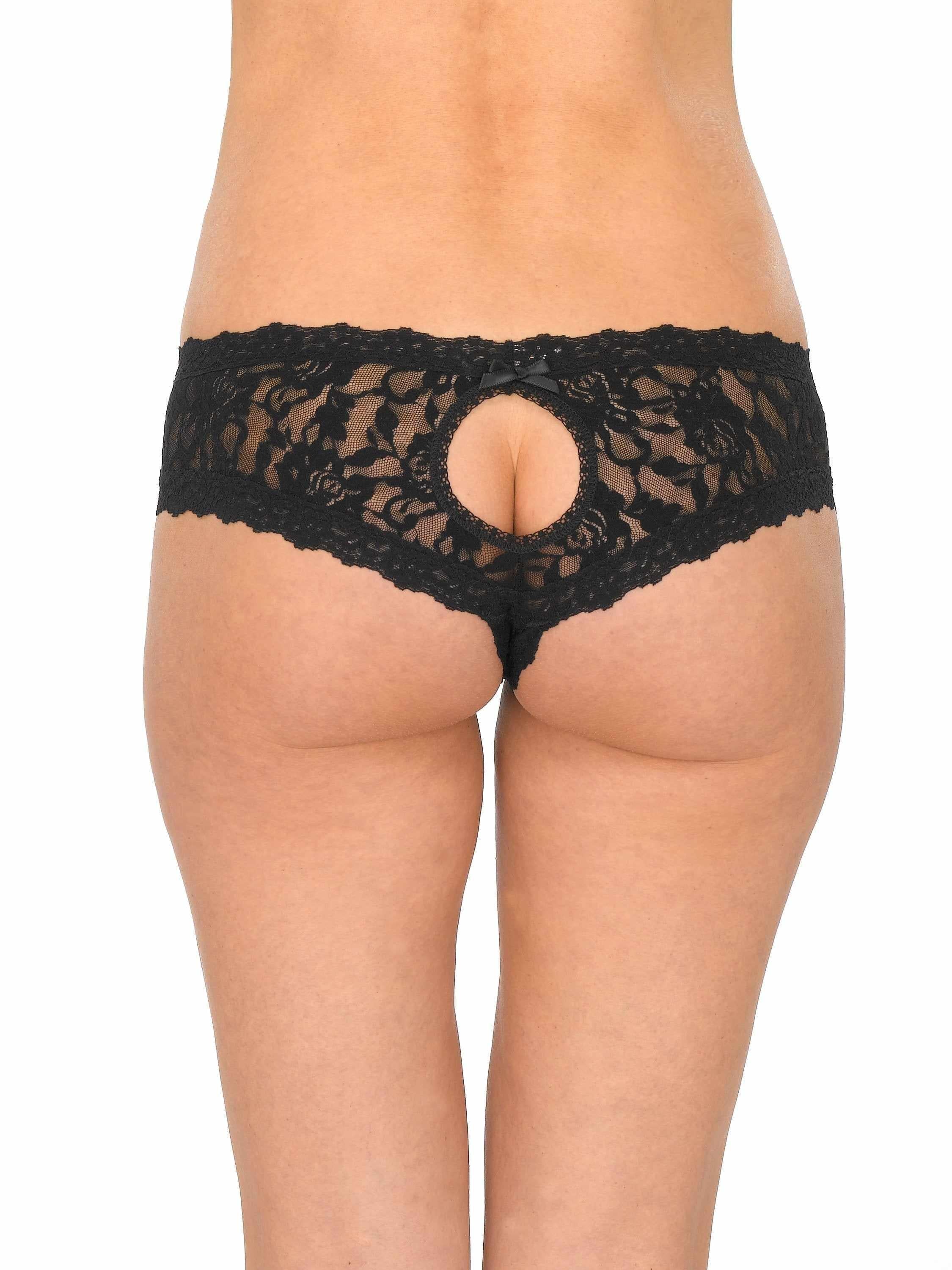 Black Signature Lace Crotchless Cheeky Hipster - Back On-Model View with Open Gusset & Satin Bow | Hanky Panky