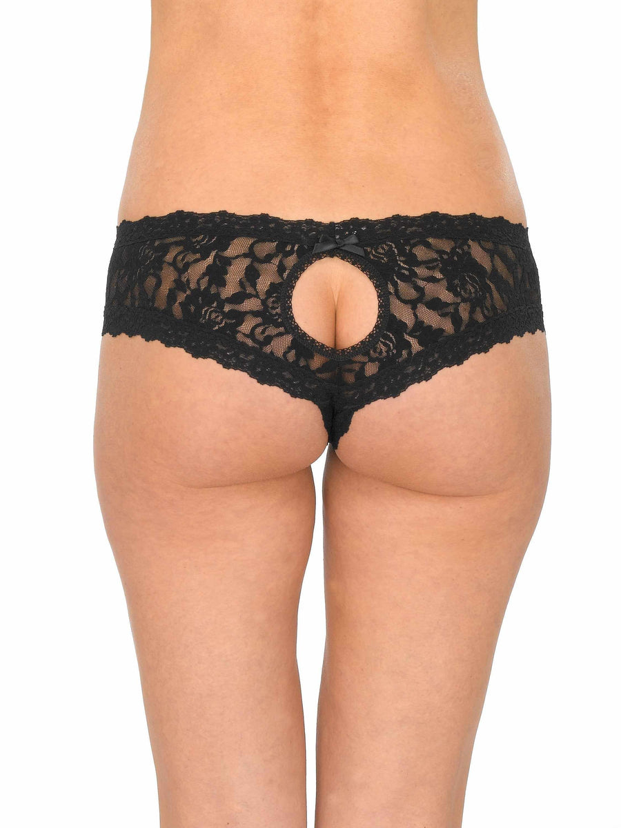 Black Signature Lace Crotchless Cheeky Hipster - Back On-Model View with Open Gusset & Satin Bow | Hanky Panky
