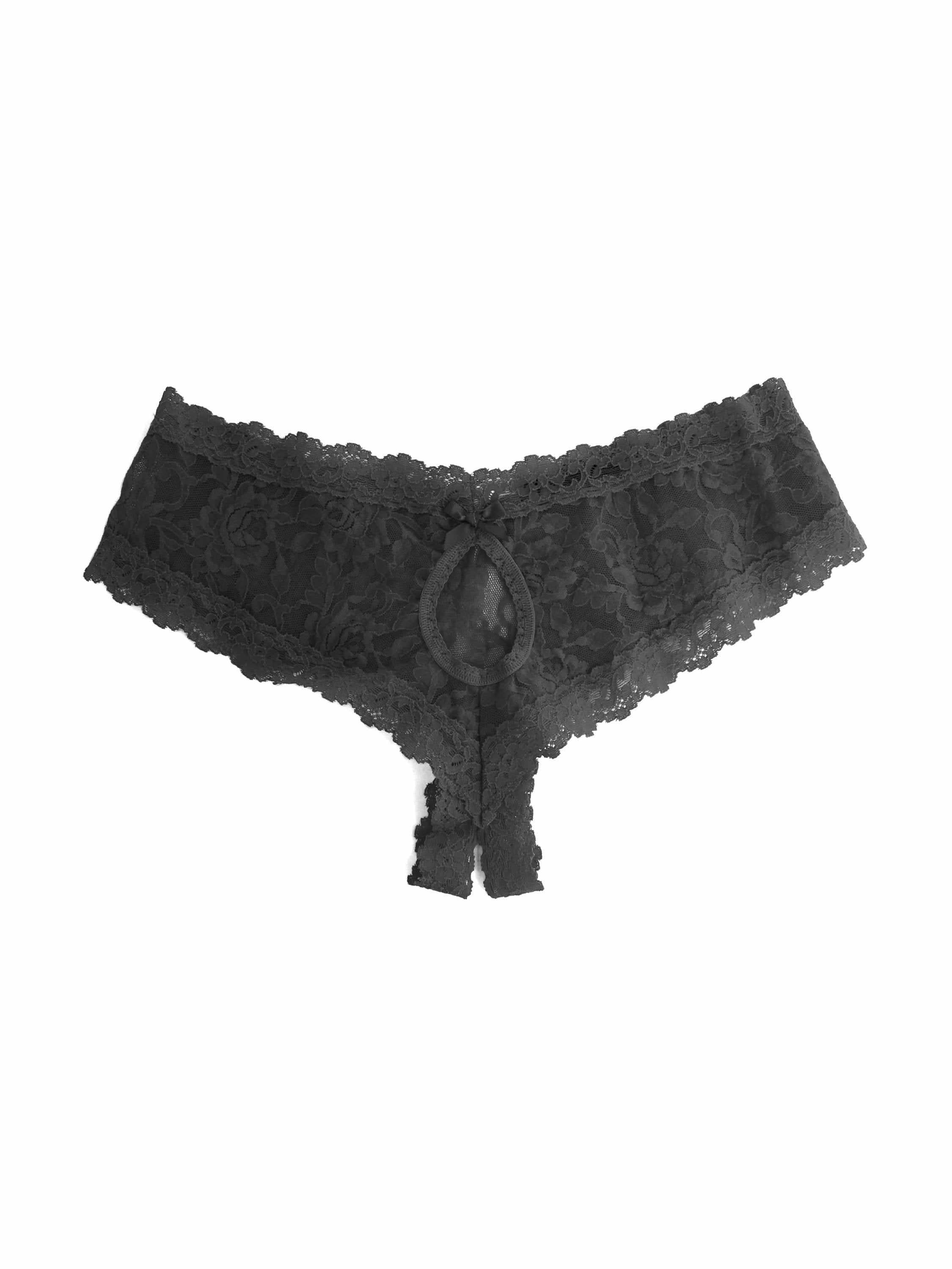 Black Signature Lace Crotchless Cheeky Hipster - Flat Lay Showing Open Gusset Detail & Bow | Hanky Panky