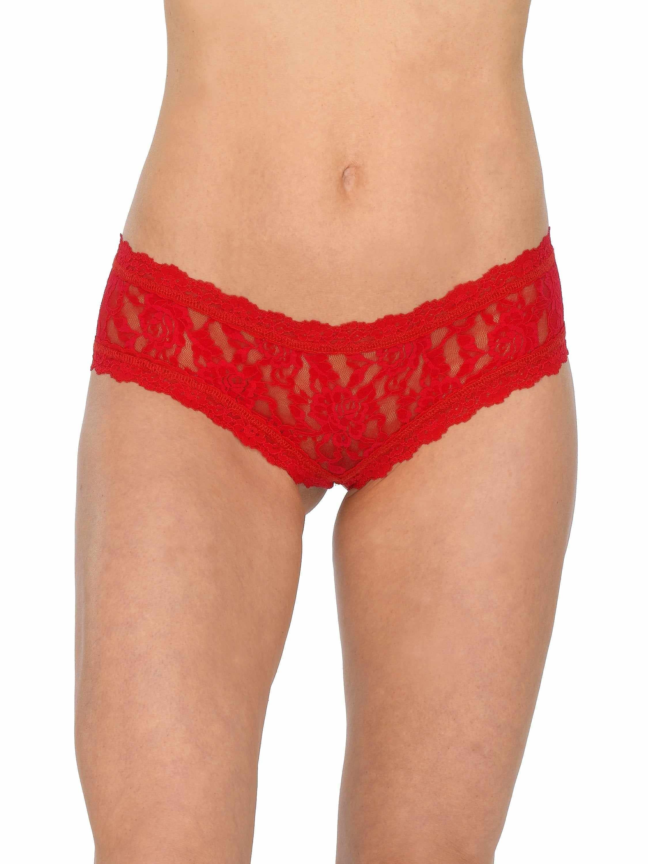 &oh™ Signature Lace® Crotchless Cheeky Hipster Red - Front View On Model, Red Lace Hipster Panties | Hanky Panky