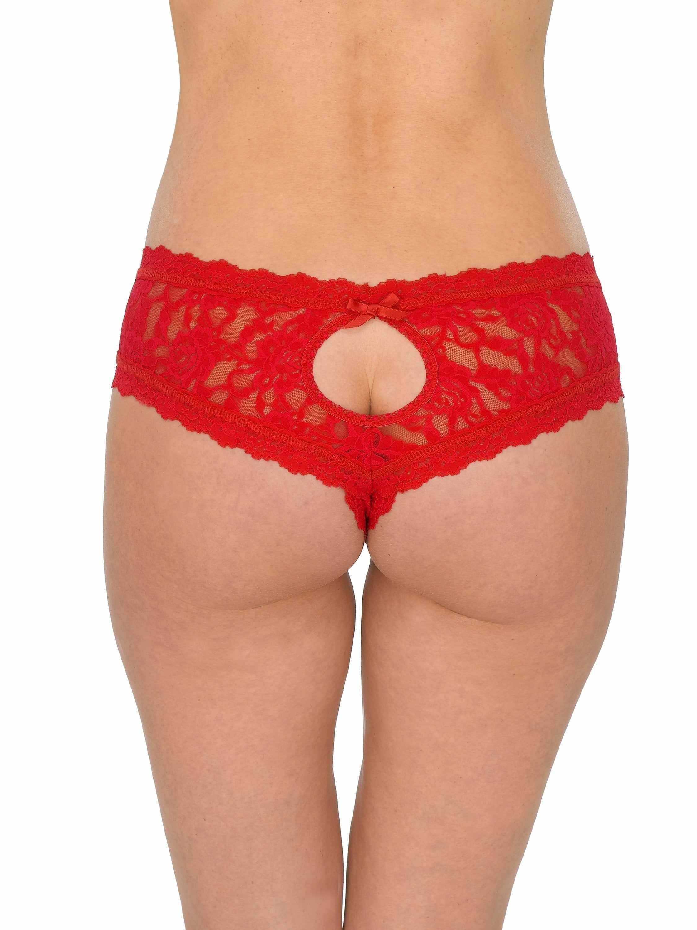&oh™ Signature Lace® Crotchless Cheeky Hipster Red - Back View On Model, Scalloped Lace, Open Gusset & Satin Bow | Hanky Panky