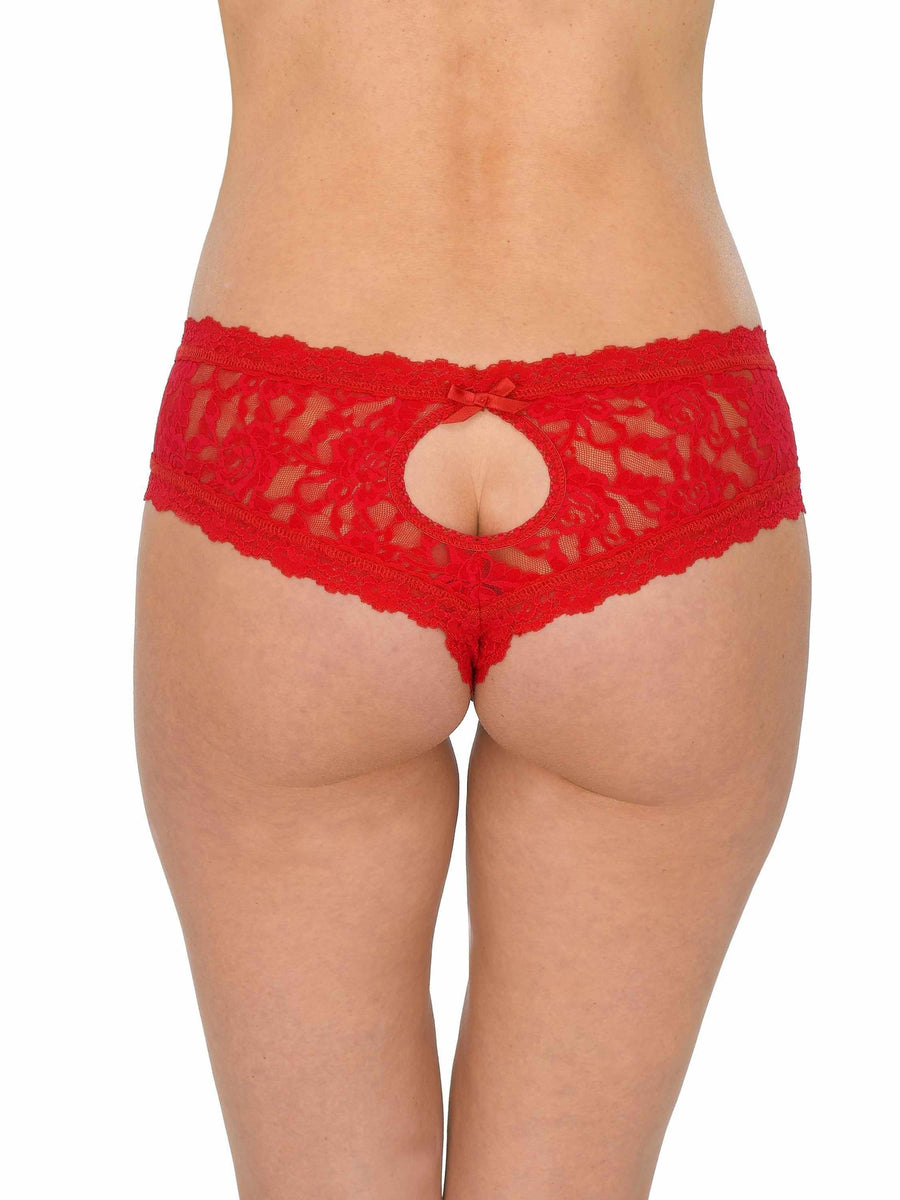 &oh™ Signature Lace® Crotchless Cheeky Hipster Red - Back View On Model, Scalloped Lace, Open Gusset & Satin Bow | Hanky Panky