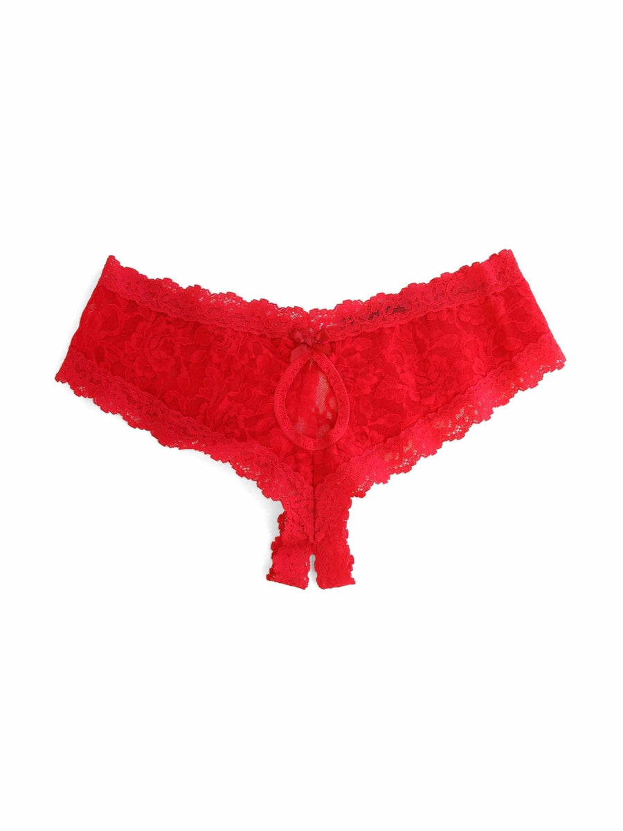 &oh™ Signature Lace® Crotchless Cheeky Hipster Red - Flat Lay Back, Open Gusset, Keyhole & Satin Bow Detail | Hanky Panky