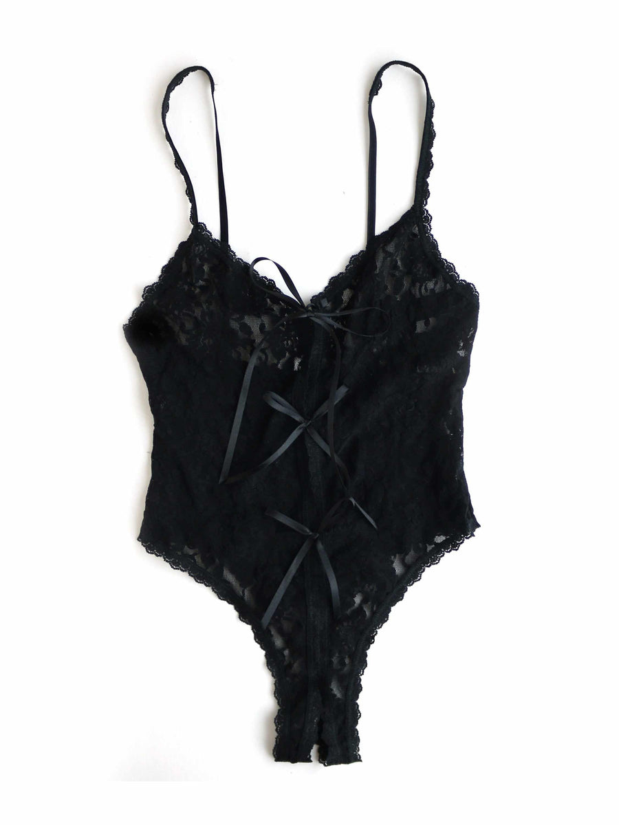 Signature Lace® Crotchless Teddy Black - Flat Lay, Open Gusset & Satin Bow Detail | Hanky Panky