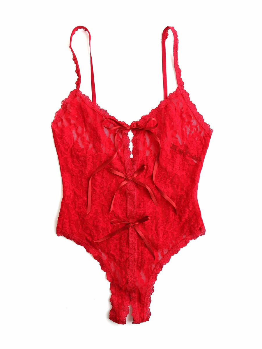 Red lace crotchless teddy flat lay showing satin bows, open gusset and scalloped lace trim | Hanky Panky