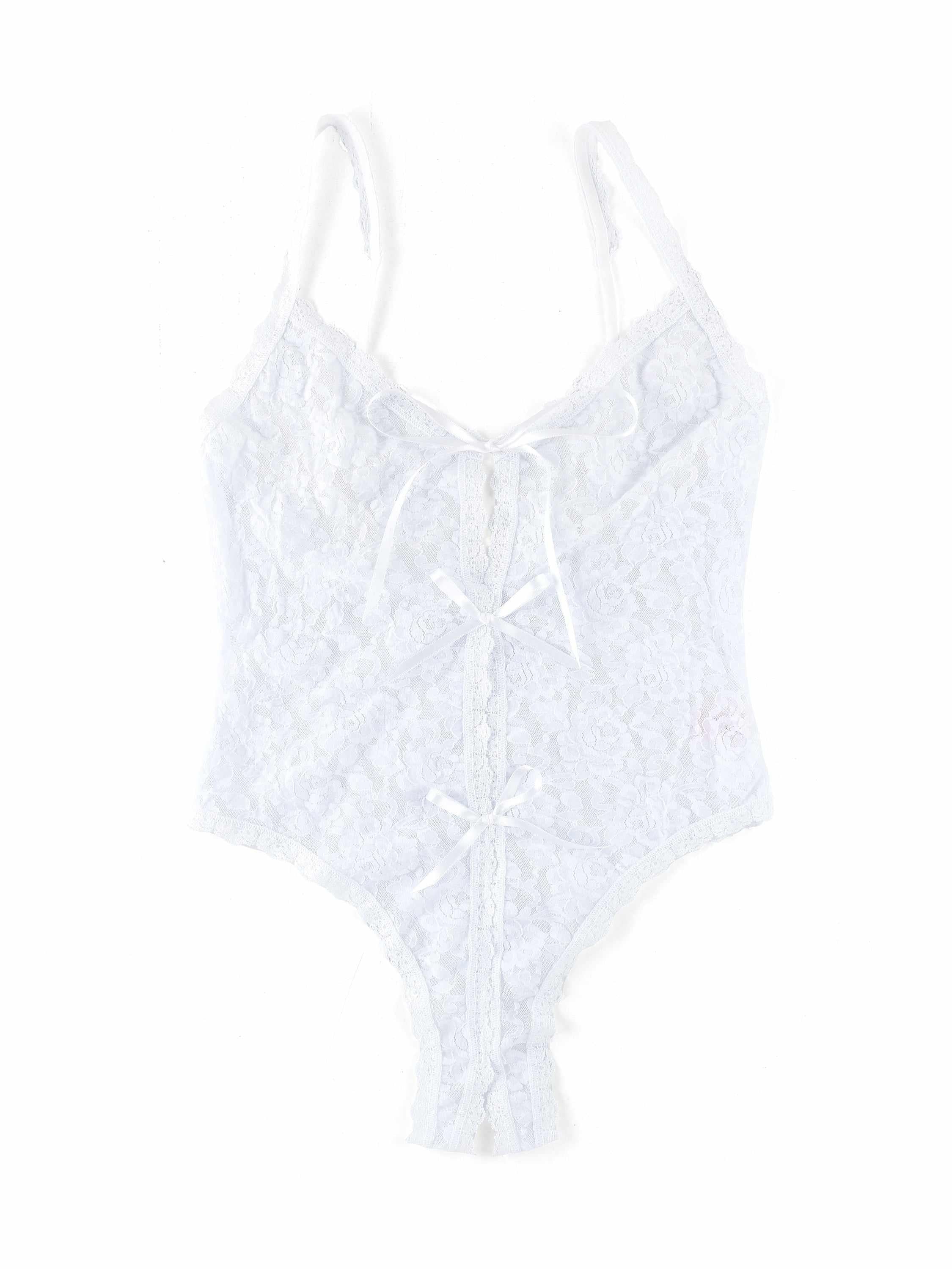 White Signature Lace® Crotchless Teddy flat lay showing open gusset & satin bow details | Hanky Panky