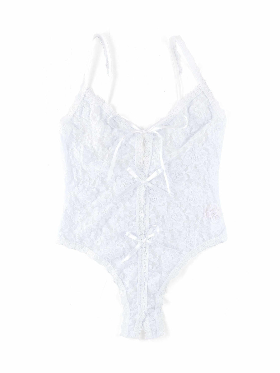 White Signature Lace® Crotchless Teddy flat lay showing open gusset & satin bow details | Hanky Panky