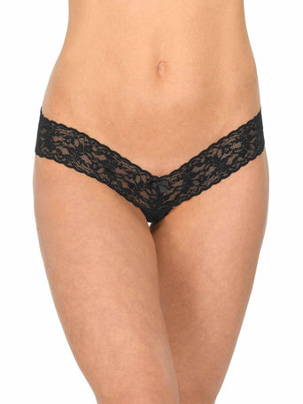 Black Signature Lace Crotchless Thong with Satin Bow - Front On-Model View | Hanky Panky