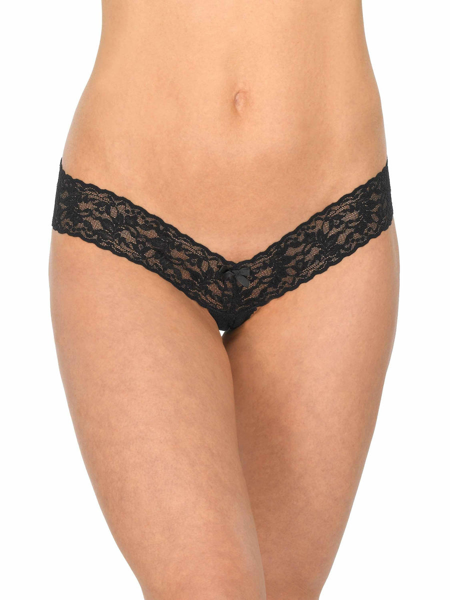 Black Signature Lace Crotchless Thong with Satin Bow - Front On-Model View | Hanky Panky