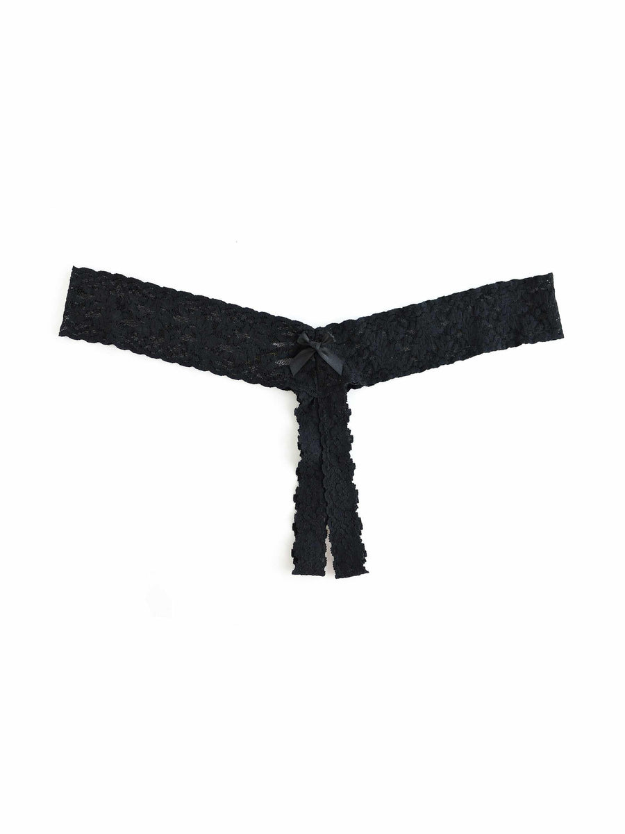 Black Signature Lace Crotchless Thong Open Gusset & Satin Bow Detail - Flat Lay | Hanky Panky