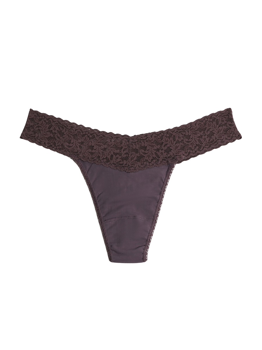 Dusk Grey Supima® Cotton Original Rise Thong - Flat Lay, lace waistband detail | Hanky Panky