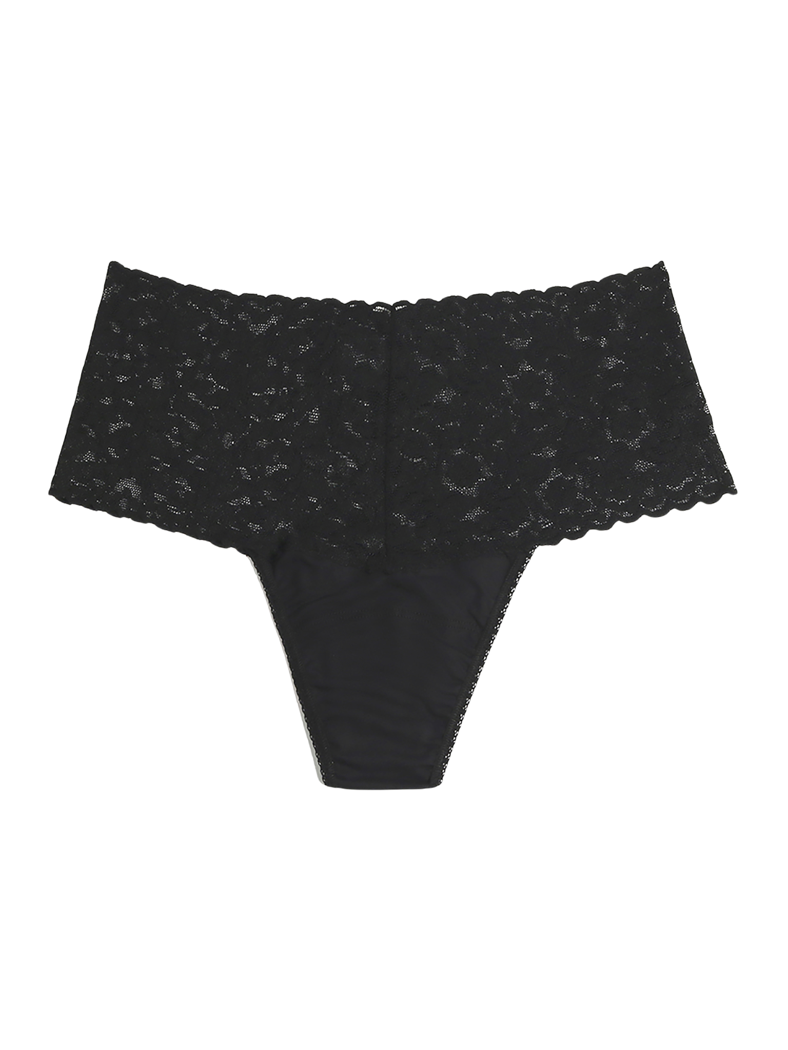 Black Supima® Cotton Retro Thong - Flat Lay Front View, Wide Scalloped Lace Waistband | Hanky Panky