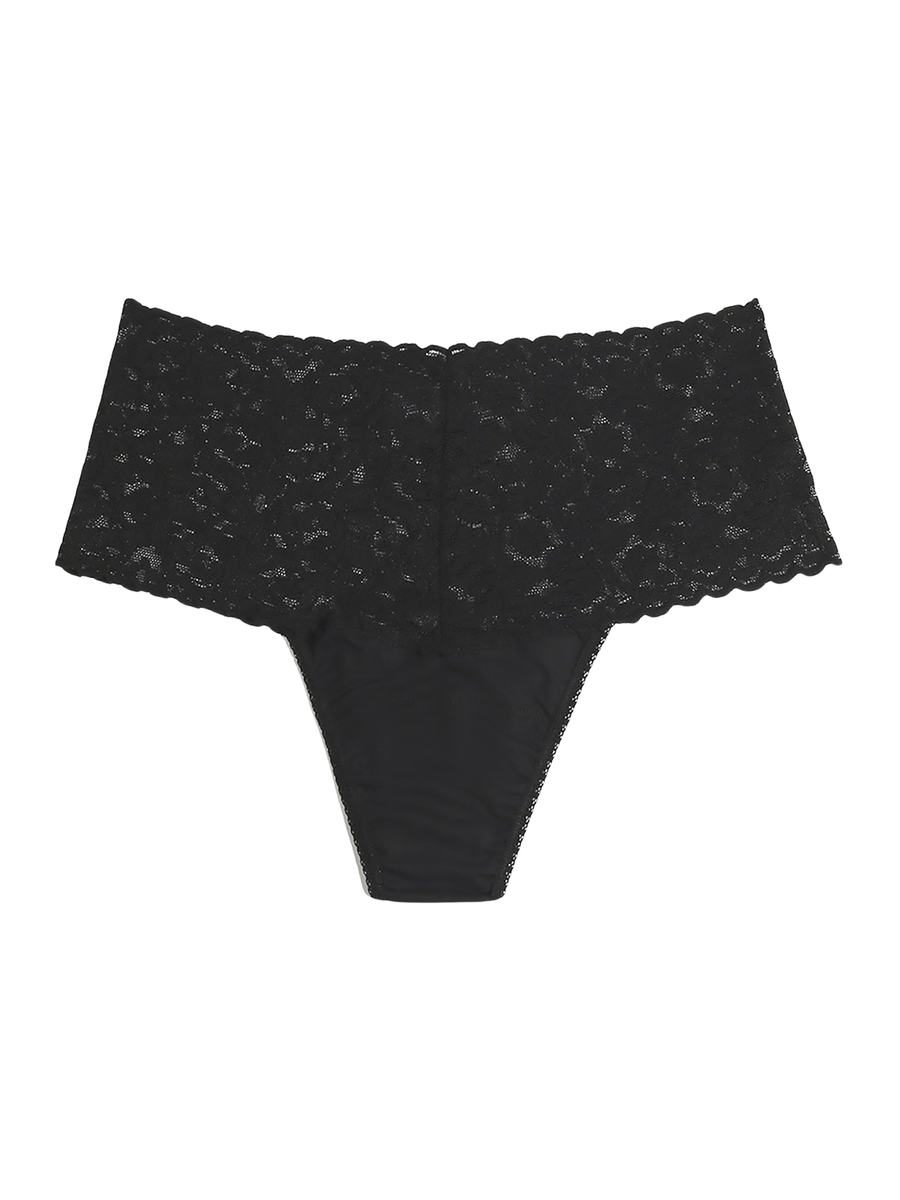 Black Supima® Cotton Retro Thong - Flat Lay Front View, Wide Scalloped Lace Waistband | Hanky Panky