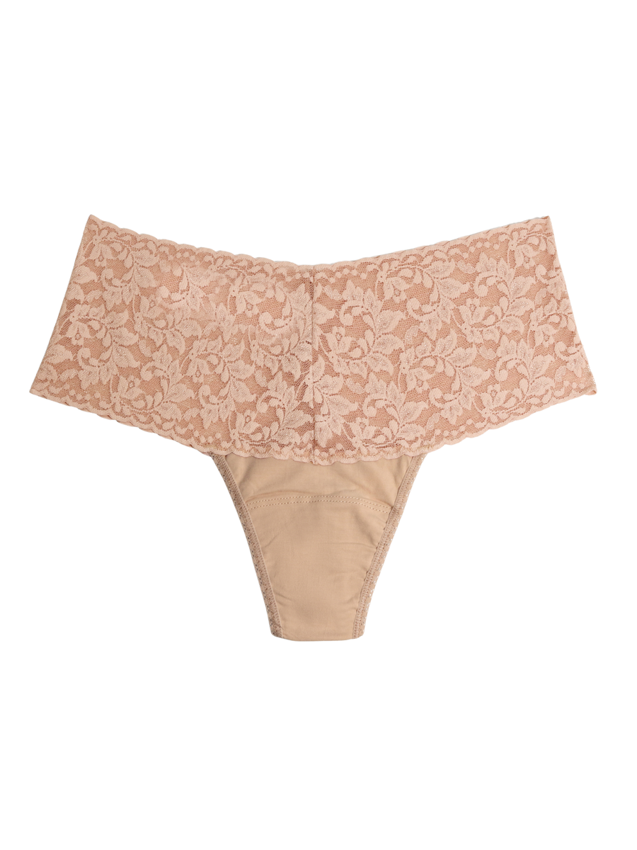 Chai Supima® Cotton Retro Thong wide floral lace waistband - Flat Lay Front View | Hanky Panky
