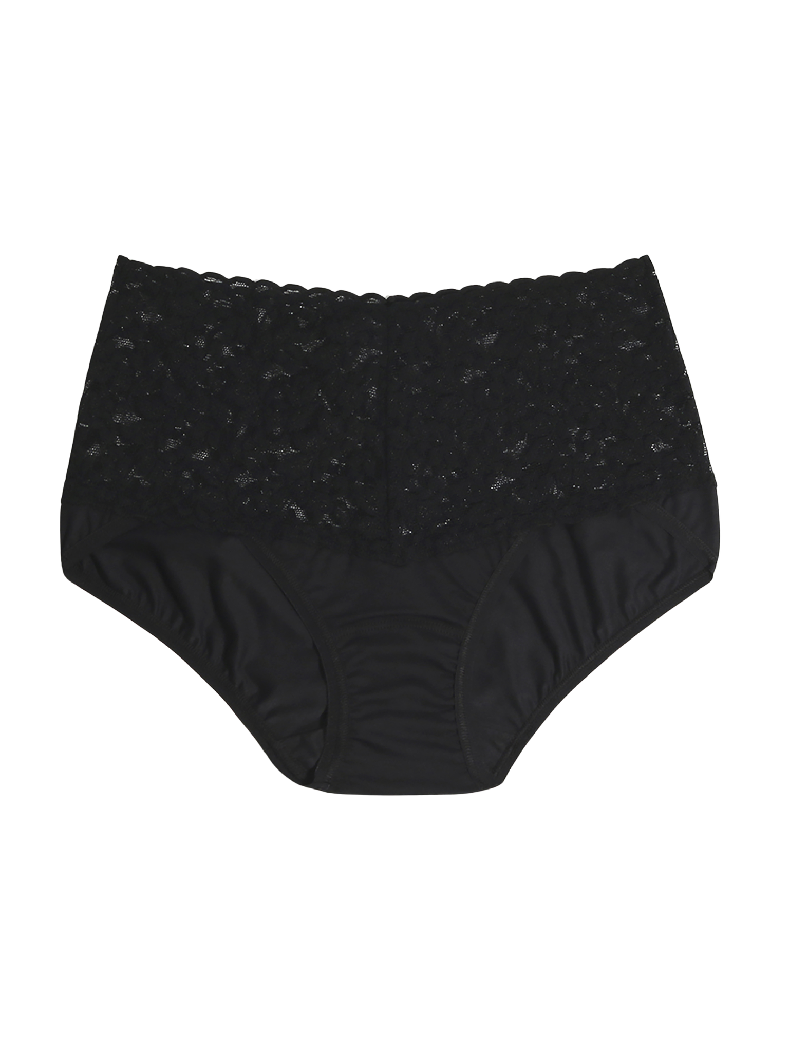 Black Supima® Cotton Retro V-Kini High-Rise Panty with Scalloped Lace Waistband - Flat Lay | Hanky Panky