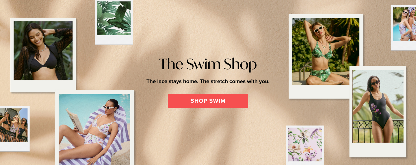 Promotional banner for 'The Swim Shop' with images of women in swimwear and a call to action button.
