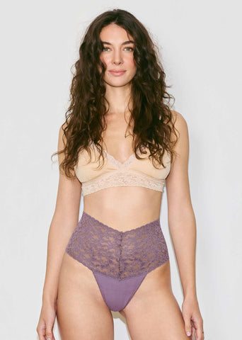 Dusk Supima® Cotton Retro Thong, high-rise lace waistband, front view on model | Hanky Panky