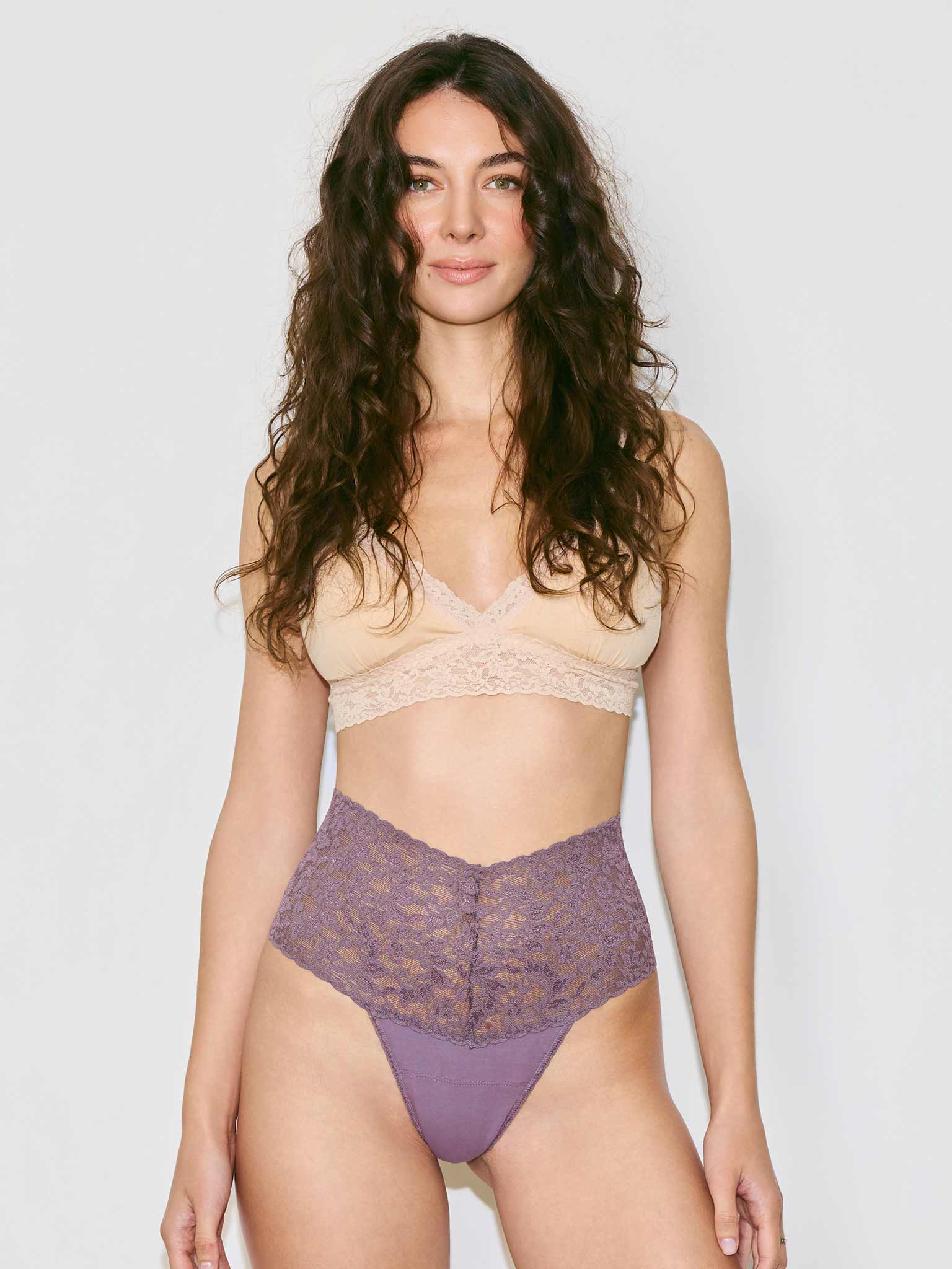 Dusk Supima® Cotton Retro Thong, high-rise lace waistband, front view on model | Hanky Panky