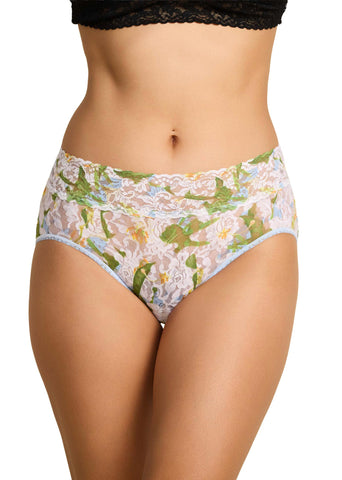 Printed Signature Lace® French Brief Absolute-Lily Blue - Front View, floral lace panty on model | Hanky Panky