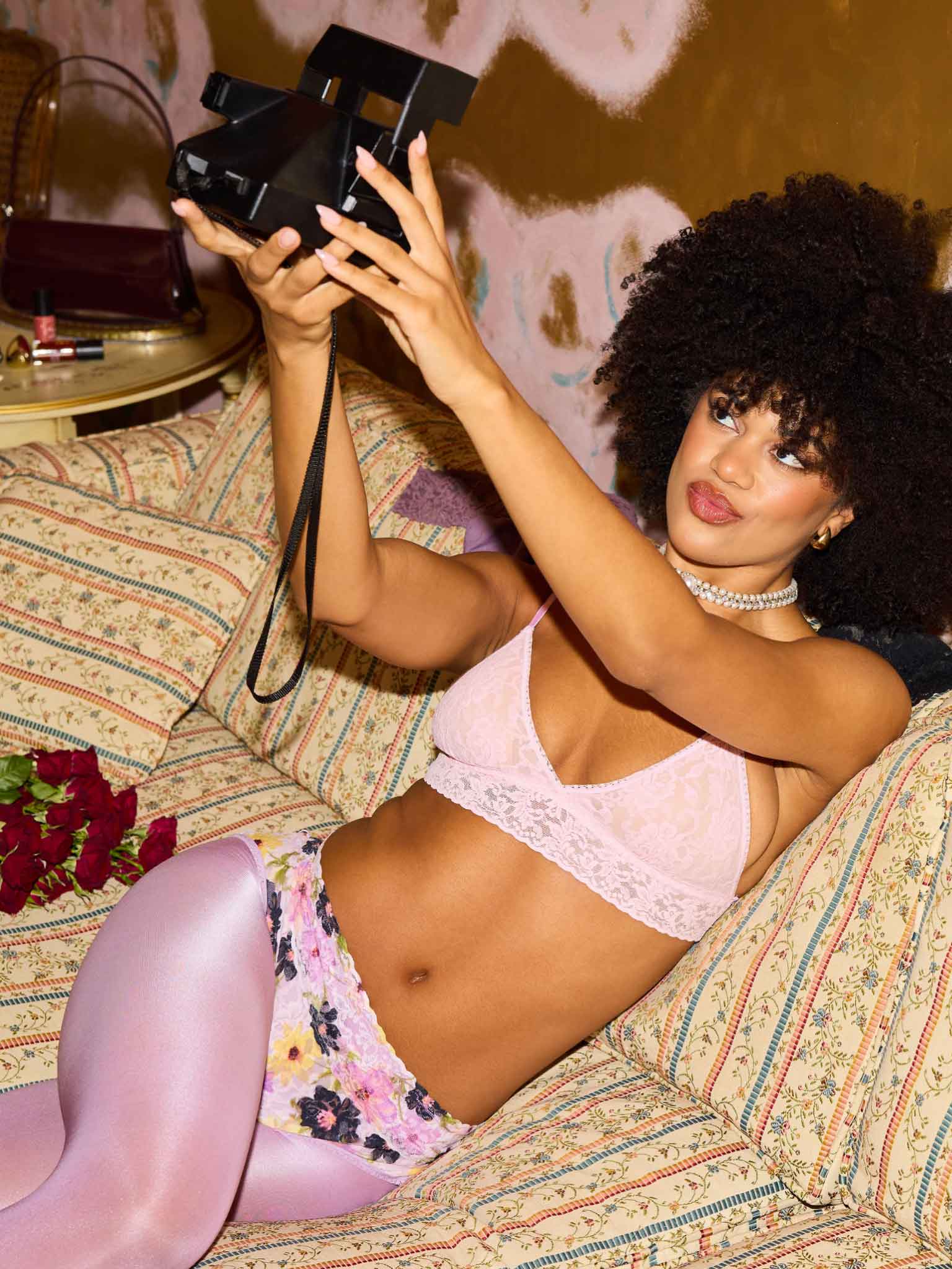 Pressed Pink Floral Print Signature Lace® French Brief - On Model Front View | Hanky Panky