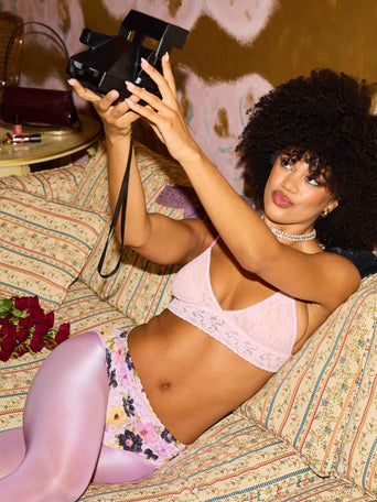 Pressed Pink Floral Print Signature Lace® French Brief - On Model Front View | Hanky Panky