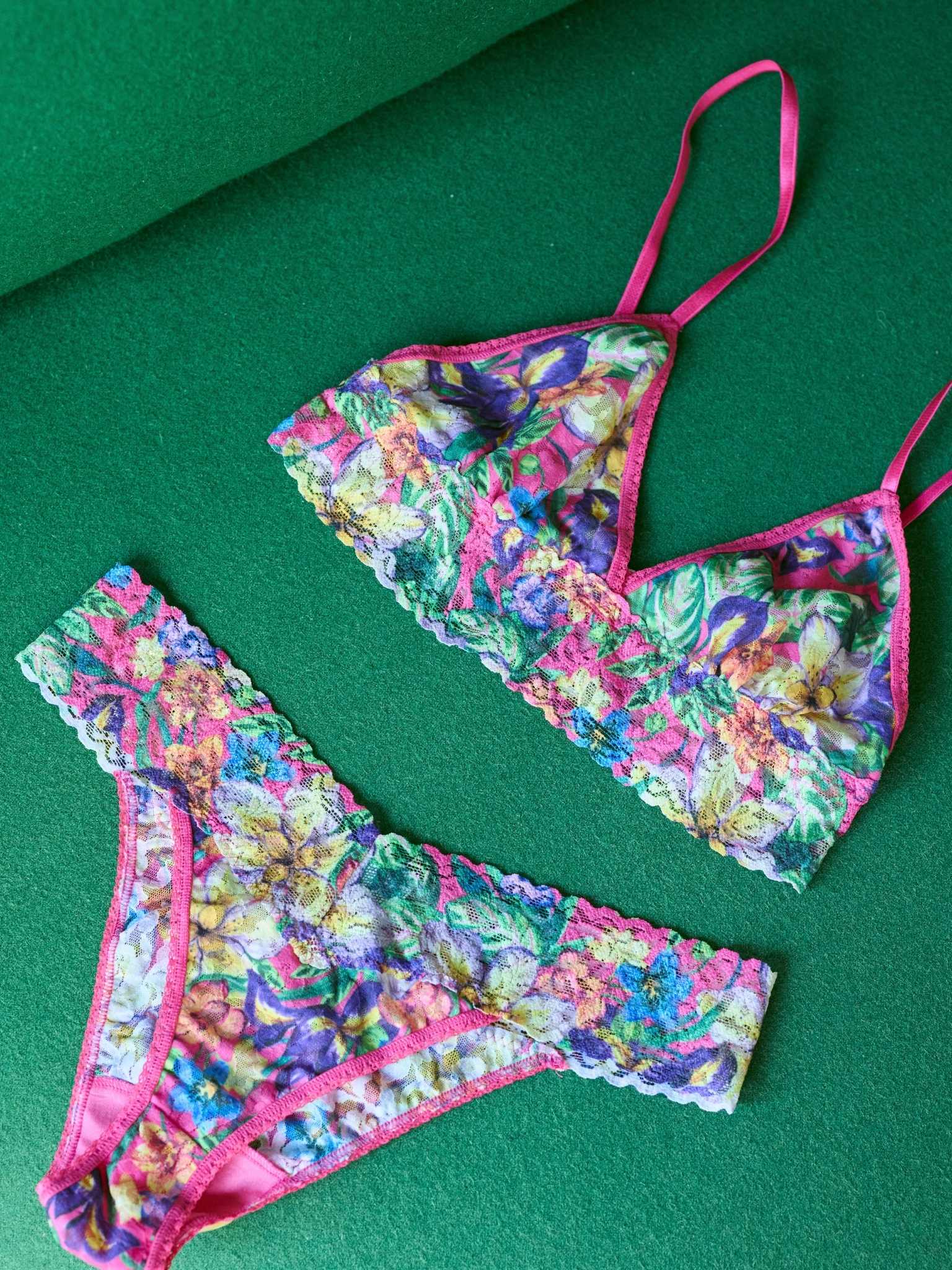 Radiant Pink Floral Printed Signature Lace® Padded Triangle Bralette & Thong - Flat Lay Set View | Hanky Panky