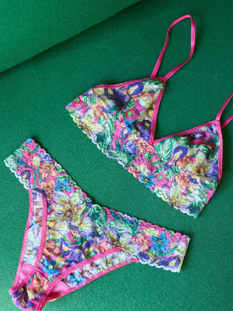 Radiant Pink Floral Printed Signature Lace® Padded Triangle Bralette & Thong - Flat Lay Set View | Hanky Panky