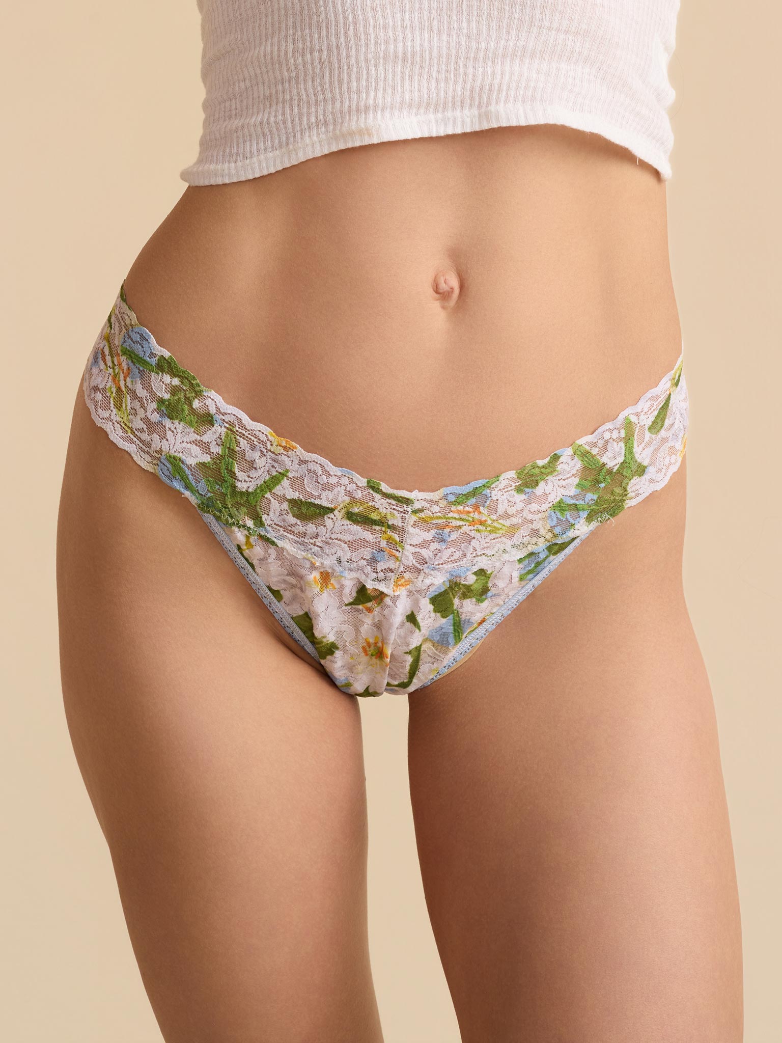 Floral Lily Print Signature Lace® Original Rise Thong, Front View, On Model | Hanky Panky