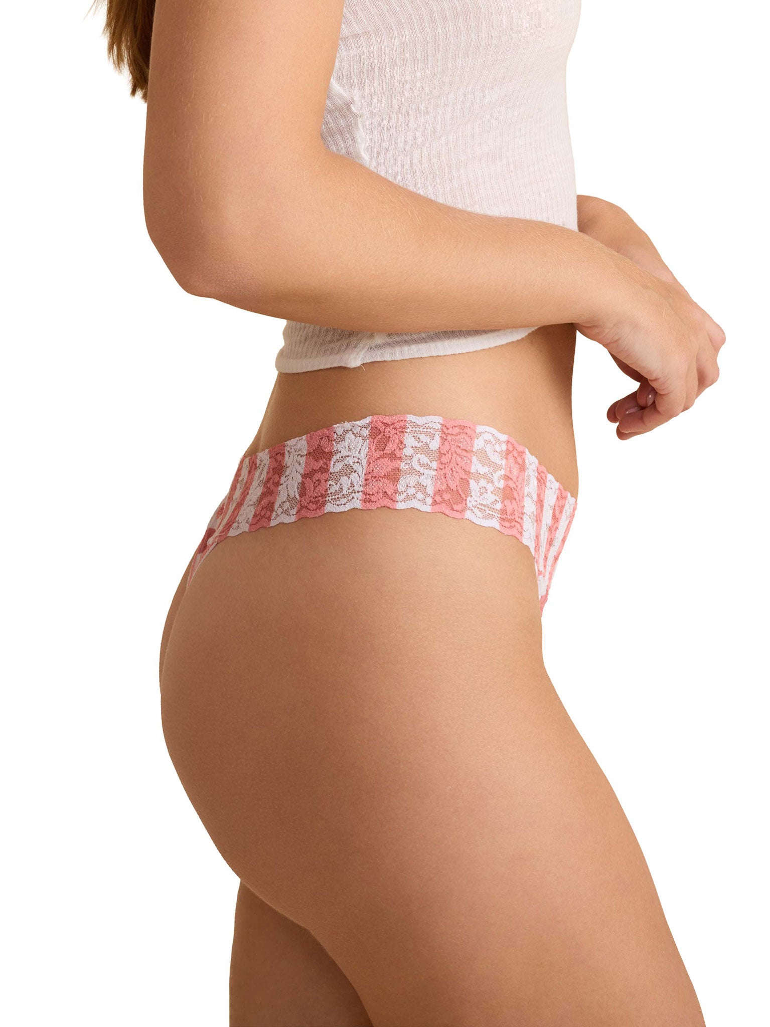 Pink & white stripe Printed Signature Lace® Low Rise Thong Beach Club White - Side View | Hanky Panky