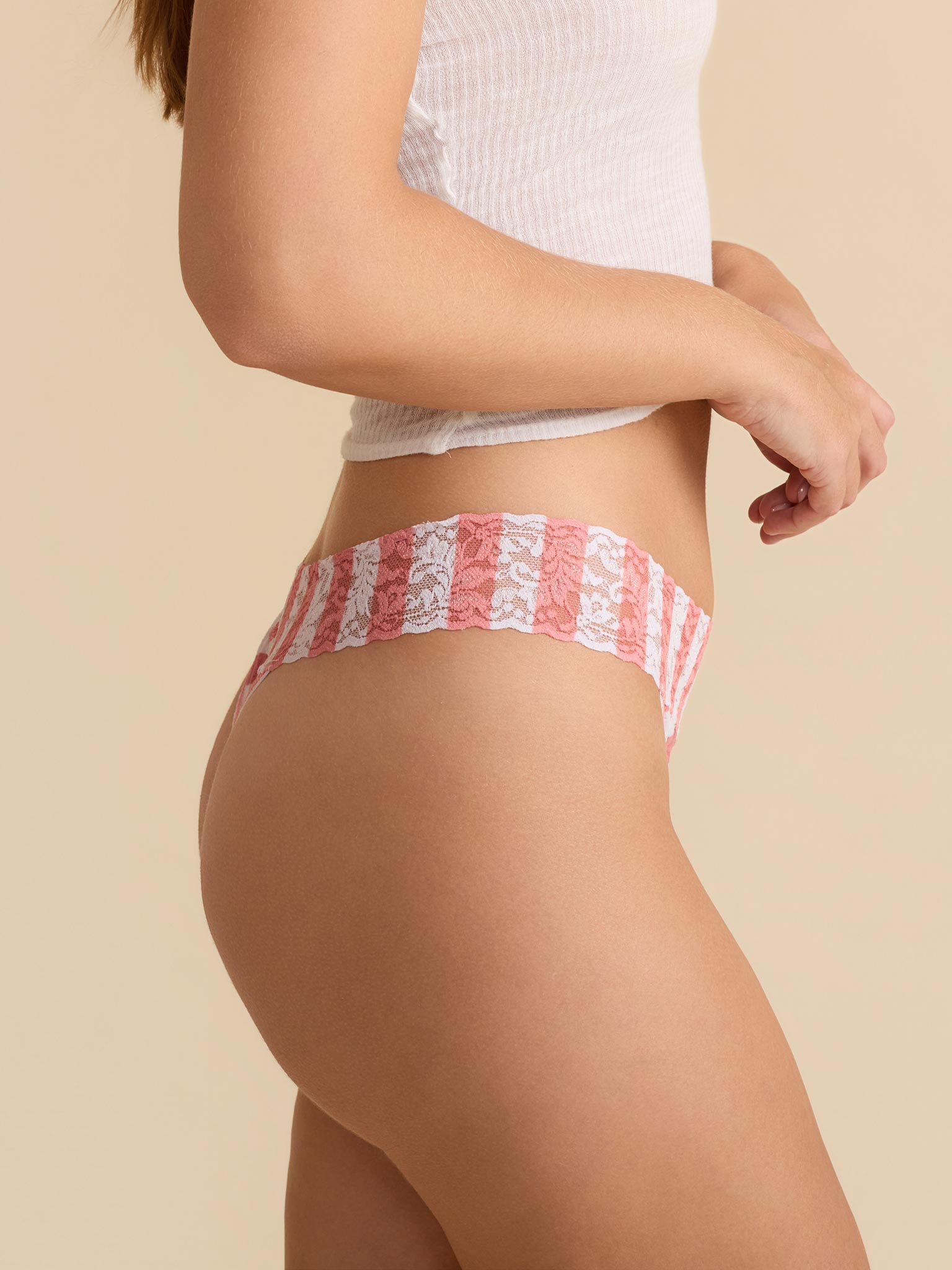 Printed Signature Lace® Original Rise Thong Beach Club White pink stripe - Side Profile, no-VPL fit | Hanky Panky