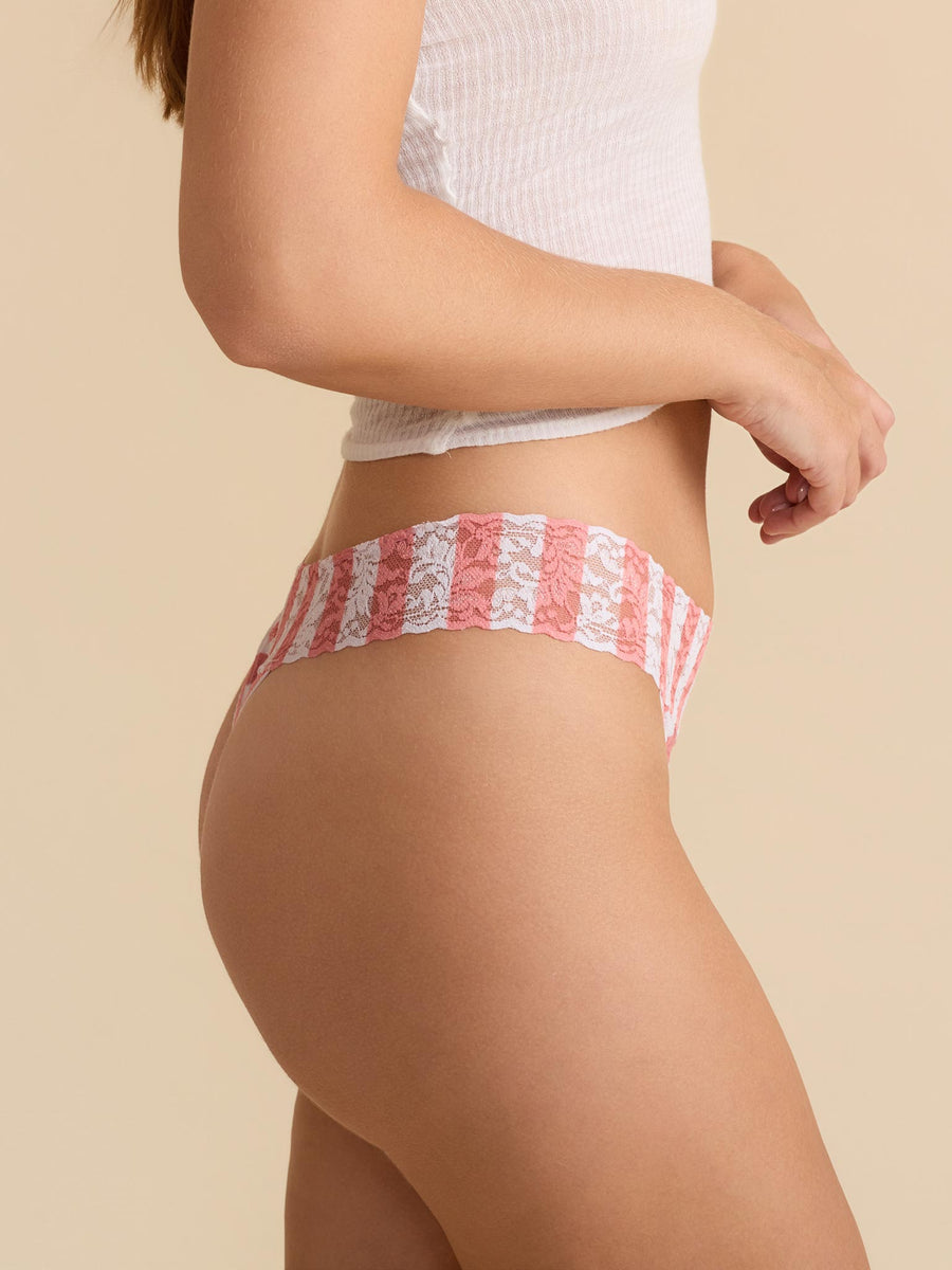 Printed Signature Lace® Original Rise Thong Beach Club White pink stripe - Side Profile, no-VPL fit | Hanky Panky